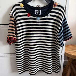 YanYan Black and White Knit Top with Red Floral Accents